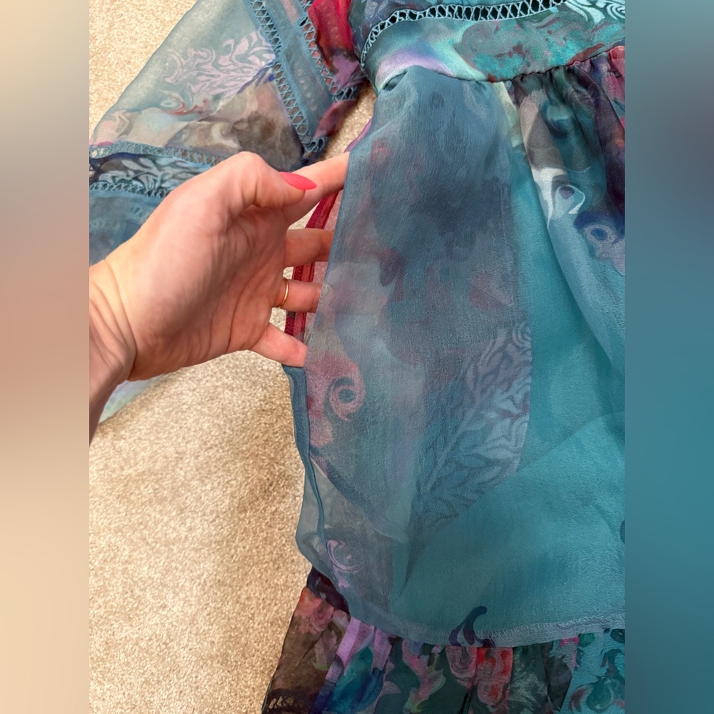 Cynthia Rowley Teal Watercolor Organza Mini Dress - size Small - PRISTINE - Picture 7 of 15